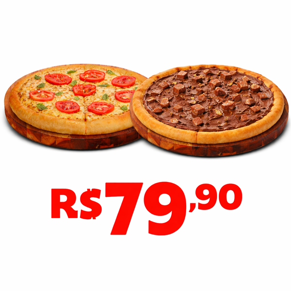 Compre 1 Pizza Média e 1 Média Doce por apenas R$ 79,90.