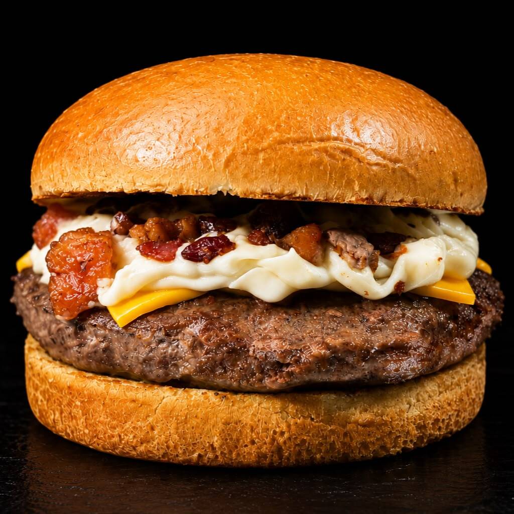 Pão bricohe, blend 180g, maionese da casa, cheddar, Catupiry e bacon.