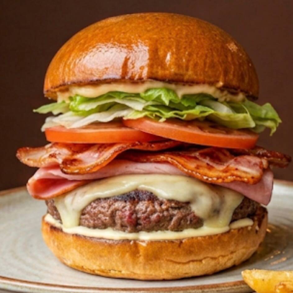 Pão, carne 150g, Bacon, salada, queijo e presunto de peru!