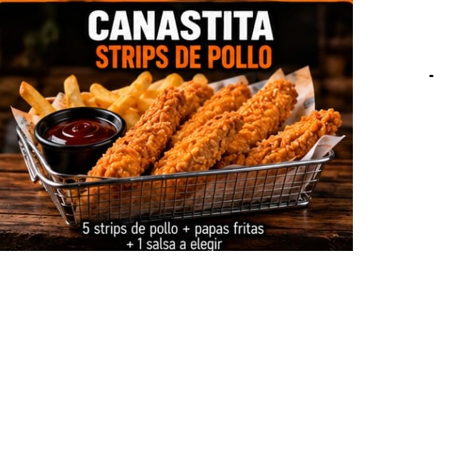 5 strips de pollo+papas fritas + salsa+ refresco