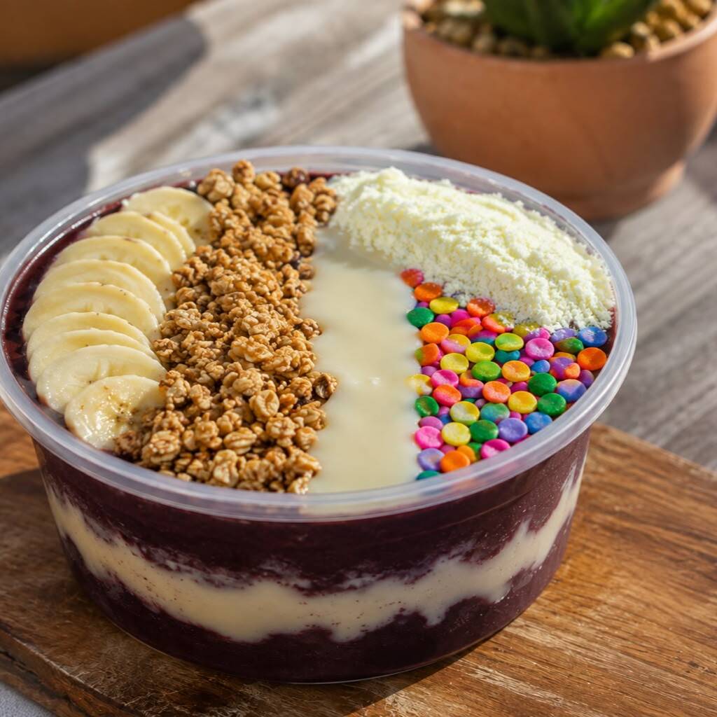 Um delicioso açaí cremoso, preparado com muito carinho e recheado com leite condensado no meio. Por cima, você escolhe os complementos