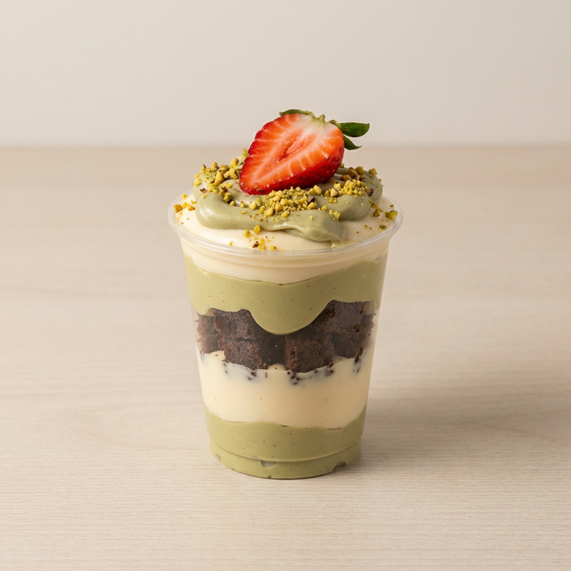 Copo edição especial Pistache. Feito com creme de chocolate branco, pedaços de Brownie e finalizado com morango e pedacinhos de pistache. Serve uma pessoa. ATENÇÃO: Pistache é da família do amendoim, pessoas alérgicas devem evitar o consumo!