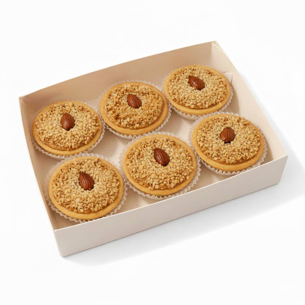 Caixa com 6 unidades. Produto feito a base de gema de ovo, amêndoas, farinha, manteiga e açúcar. Sabor intenso e delicado. Contém Glúten e Lactose.