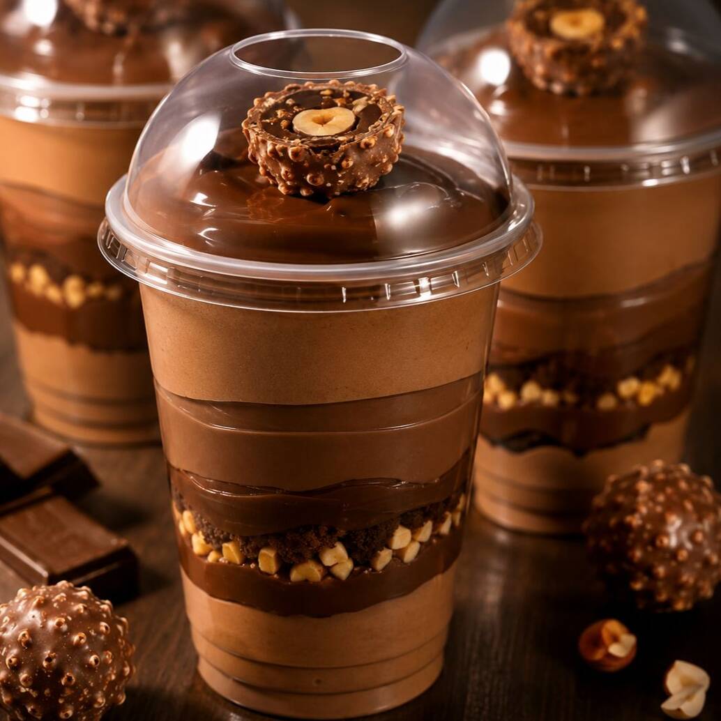 MUSSE DE CHOCOLATE BELGA,BRIGADEIRO,AMENDOIM,BROWNIE,NUTELLA,FINALIZADO COM FERRERO ROCHER
COPO DE 250ML