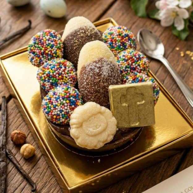 Casca de chocolate com recheio cremoso de ninho e chocolate 50% , intercalado com biscoito monteiros.