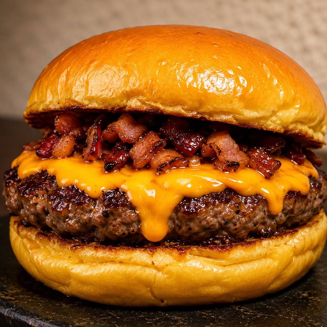 pão de brioche, 150g de carne, cheddar, bacon e molho da casa