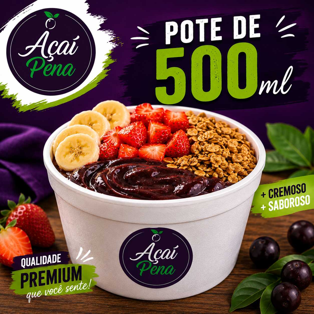 1 Açai ou creme de 500ML + 3 acompanhamentos GRATIS!!