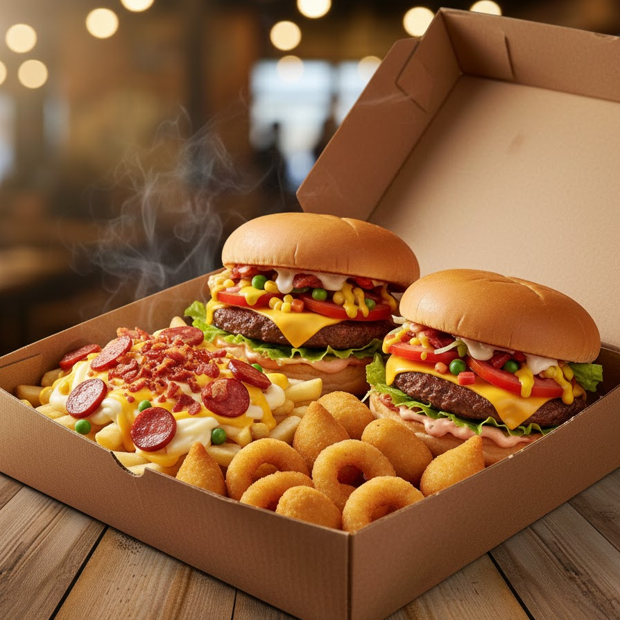 2 X TUDO, BATATA MALUCA 320G (MUÇARELA, CHEDDAR, BACON E CALABRESA), 6 ONIONS RINGS, 6 NUGGETS E 6 SALGADINHOS.