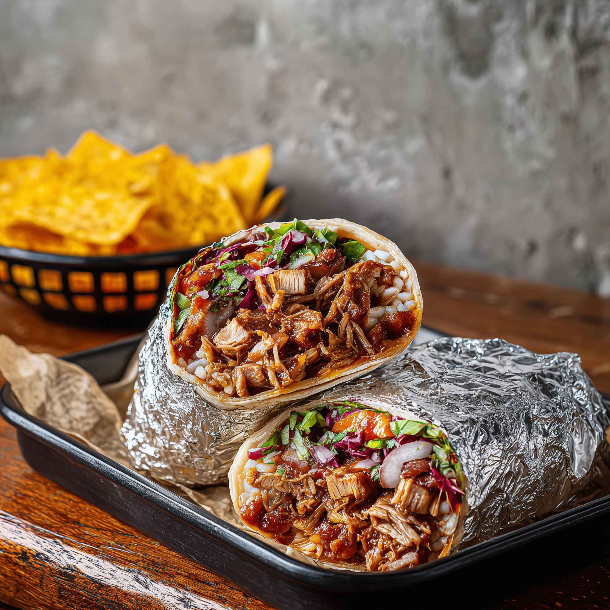 Burrito de pernil defiado suculento ao barbecue defumado com arroz branco, feijão carioca bem temperado ao estilo mex, pico de gallo, salsa ranch de repolho, mussarela e alface, enrolado em uma tortilha de trigo legitima.