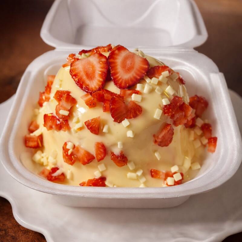 Bolo vulcão morango, com massa branca que derrete na boca, super molhadinho, servido quentinho e com o exagero de cobertura de brigadeiro branco, recheado no centro com geleia de morango artesanal e finalizado com morango in-natura O bolo bem servido e com o peso de aproximadamente 400g. Serve até 2 pessoas.