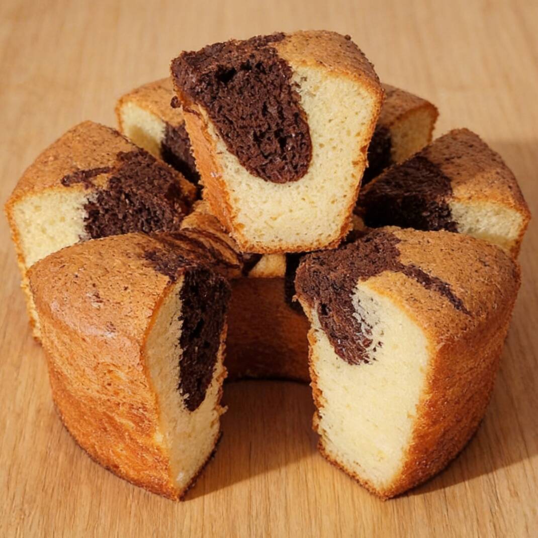 Bolo fofinho com massa de iogurte mesclado com massa de chocolate.
Serve de 6 á 8 fatias.