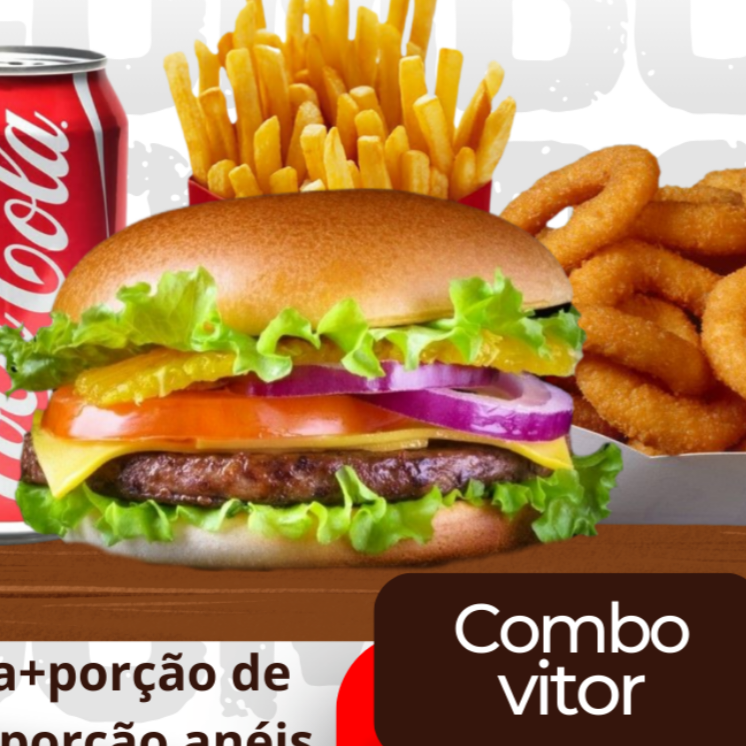 1 x-burguer, 1 porção de aneis de cebola, 1 porção de batata frita, coca em lata