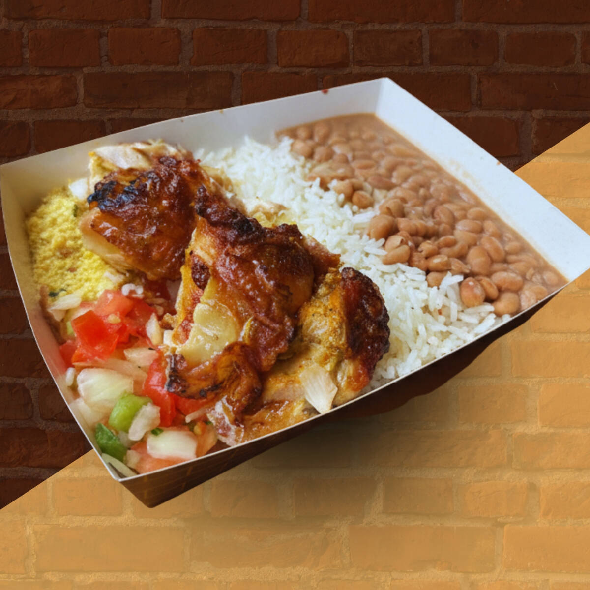 Coxa sobrecoxa (150g) assada na brasa, acompanhada de arroz, feijão, vinagrete e farofa. *Não fazemos alterações*