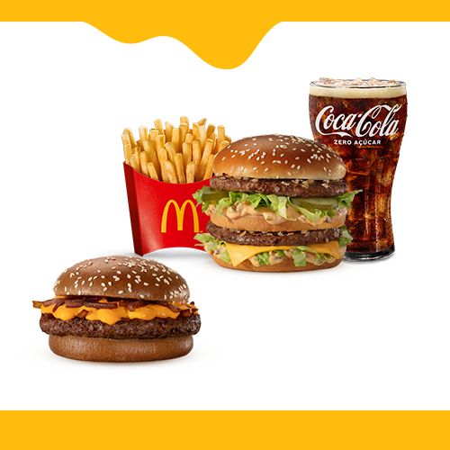 Nesta promoção você leva 2 Sanduíches entre as opções: Big Mac, Cheddar McMelt, Quarterão com Queijo, McChicken ou Duplo Burger Bacon, 1 (uma) McFritas Média e 1 (uma) bebida. Imagem Meramente Ilustrativa.