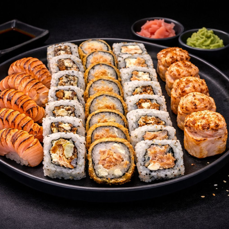 40 Peças.
10 carioca de pasta de salmão grelhado, 10 uramaki pasta de salmão grelhado , 10 ura skin , 05 niguiri salmão maçaricado, 05 joe salmão maçaricado.