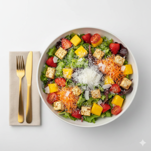 Mix de alfaces com ricota temperada, tomate grape, cenoura ralada, morango, manga e coco ralado. Combinação leve e refrescante com toque frutado. Harmoniza com Mostarda & Mel ou Hortelã & Mel.