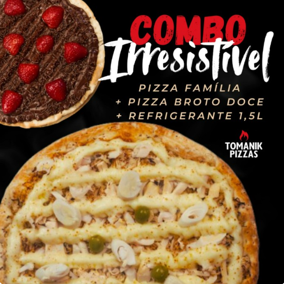 Um combo completo para compartilhar: uma pizza tamanho família, uma pizza doce crocante no tamanho broto e um refrigerante de 1,5L para acompanhar