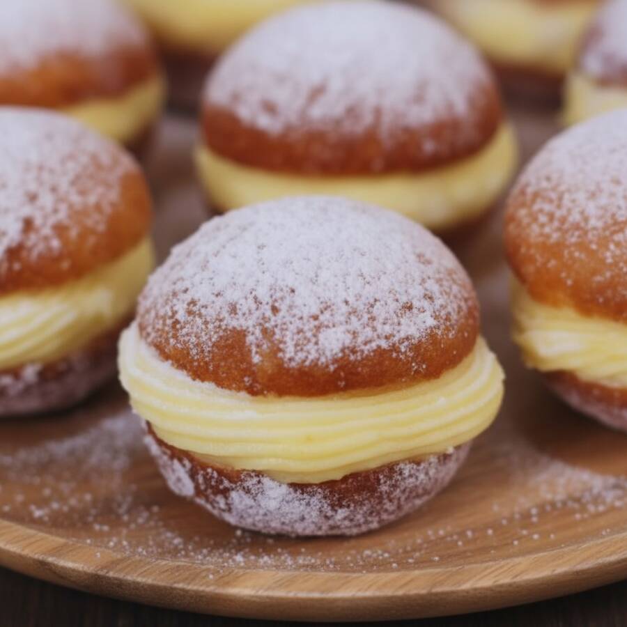 Delicioso sonho tradicional recheado com creme, creme e morango, chocolate e doce de leite!