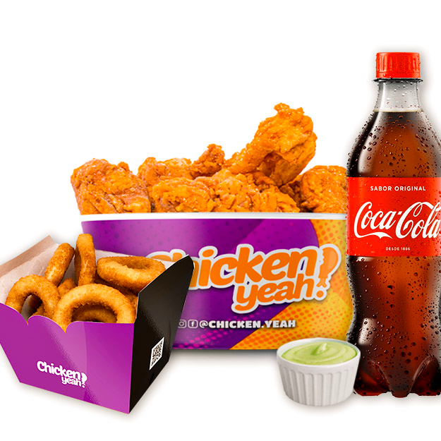 Acompanha 5 tiras de frango crocante, 4 coxinhas da asa, uma porção à sua escolha (aprox. 300g a 400g), um refrigerante de 600ml e um molho especial de 70g do sabor que preferir.