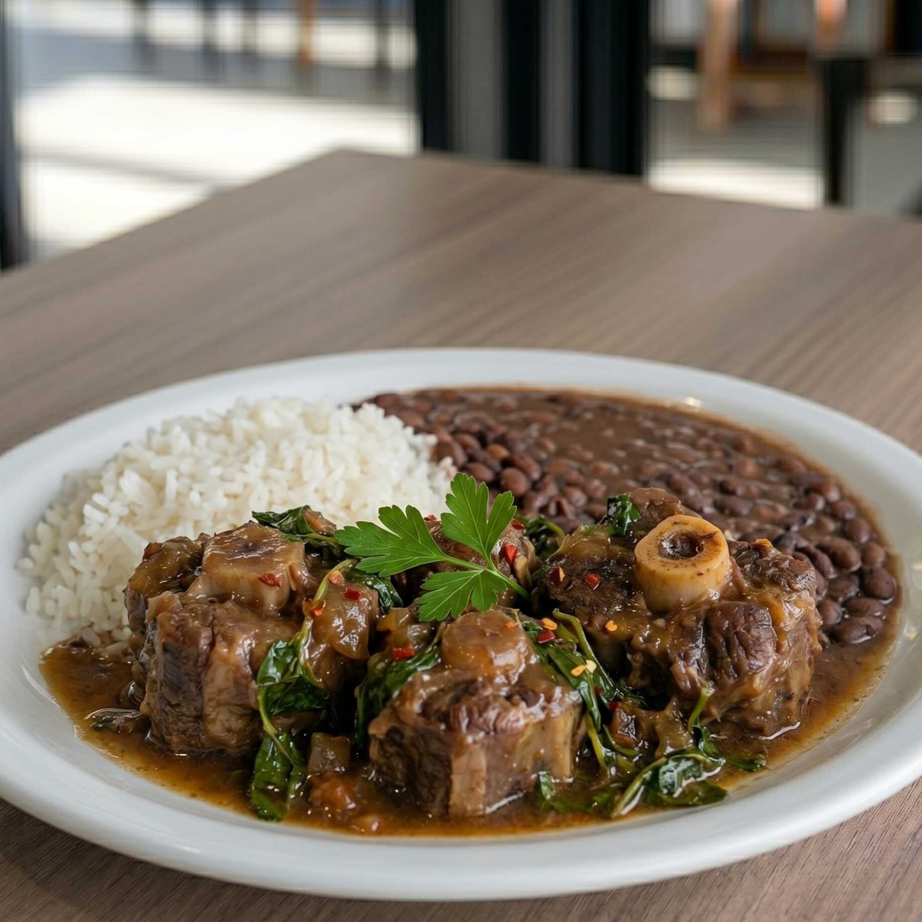 Rabada acompanhada de arroz e feijão.