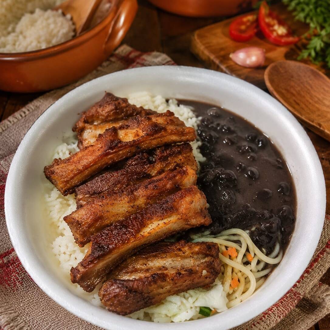 Costelinha suina, acompanha Arroz, Feijão, Macarrão, Salada, Farofa