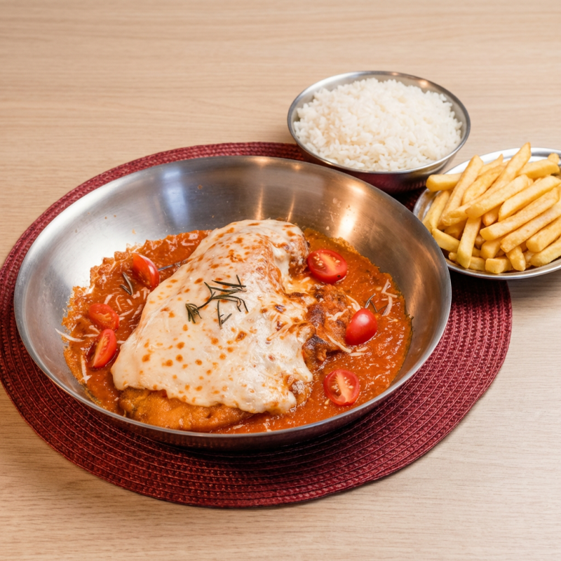 Apresentamos a nossa 'Parmegiana de Tilápia'. Este prato, da categoria 'Parmegiana Individual', é composto por um suculento filé de tilápia, generosamente coberto à parmegiana com nossa irresistível mussarela, cuidadosamente gratinada até atingir o ponto perfeito. O prato é harmoniosamente acompanhado de um delicioso arroz branco, soltinho e aromático, e batatas fritas, crocantes por fora e macias por dentro, que adicionam uma textura complementar.