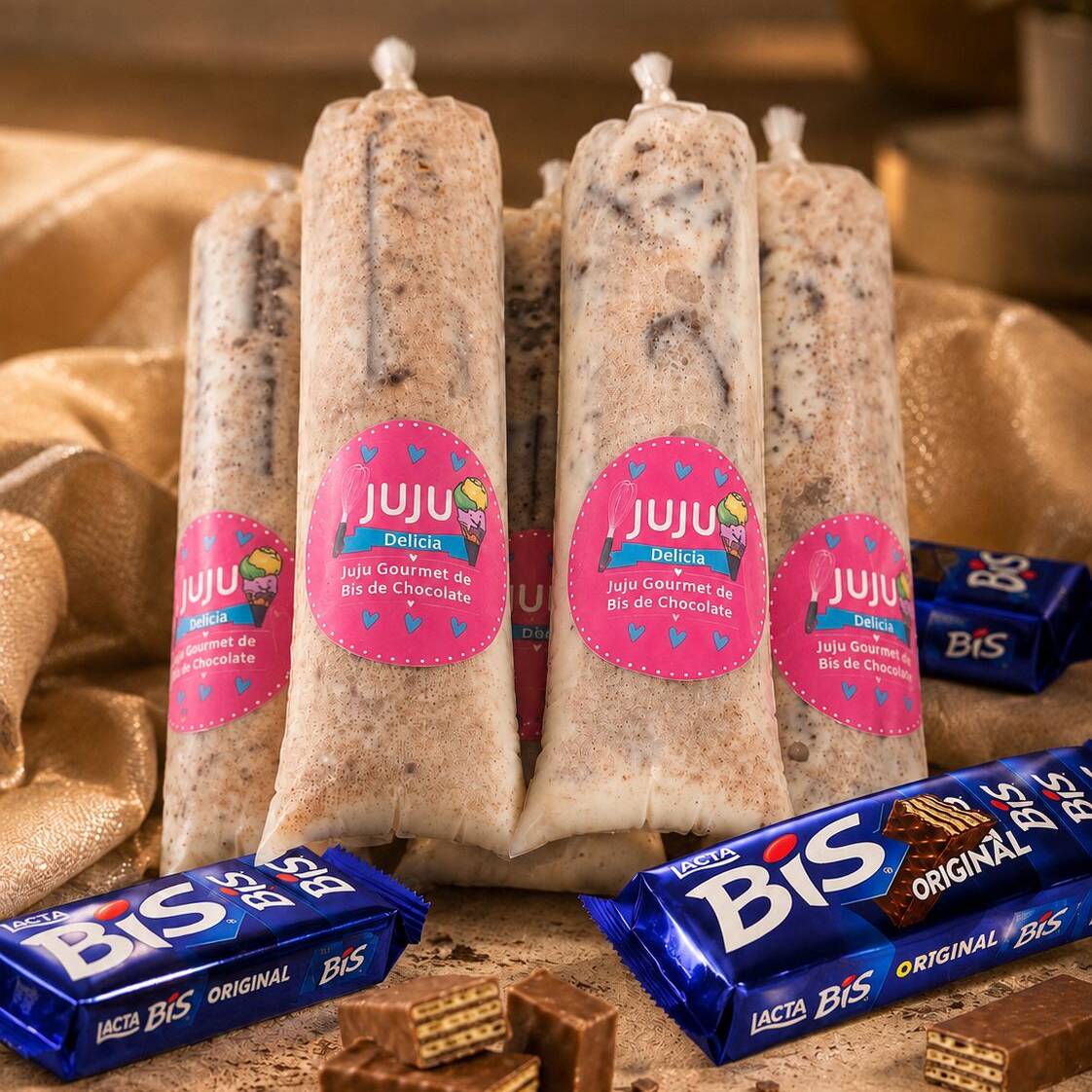 Juju Gourmet de Bis Chocolate cremoso, com pedaços de Bis dentro do Juju, combinando chocolate e aquela crocância característica do wafer a cada mordida. Uma sobremesa gelada, chocolatuda e cheia de textura.