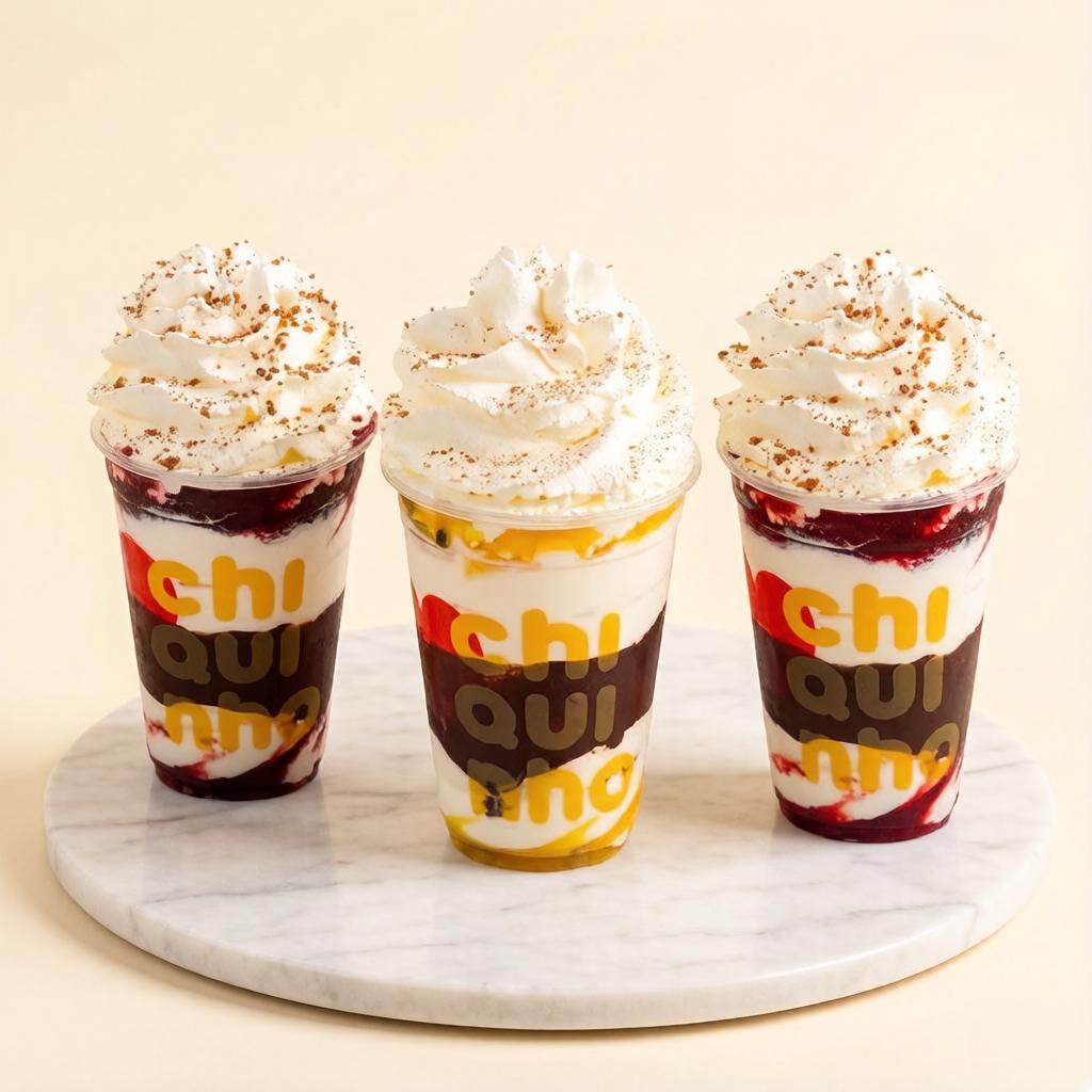 Refrescante e delicioso. Uma sobremesa maravilhosa que reúne o melhor sorvete, polpa de frutas, calda trufada de chocolate, chantilly e raspas de Suflair.