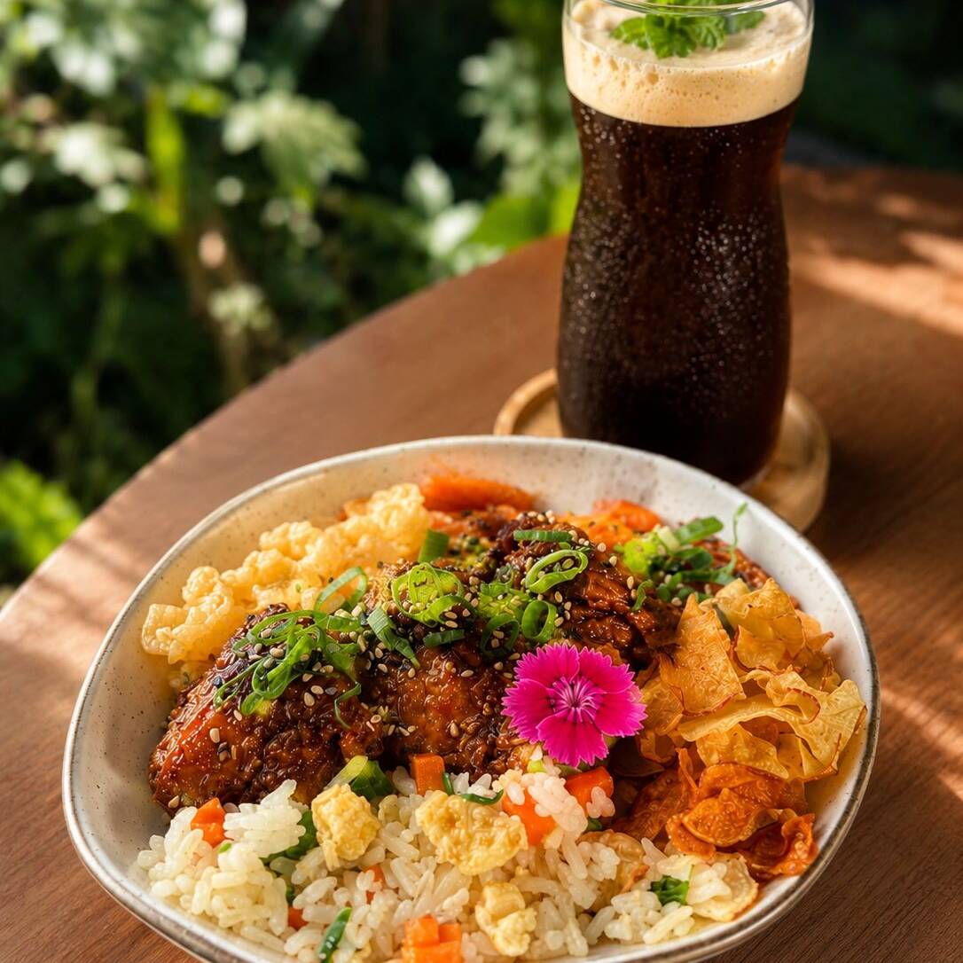 Levemente apimentado. Arroz yakimeshi, cenoura flambada, abacaxi coreano e frango frito com
molho de laranja pouco apimentado.
Serve 1 pessoa (~400g)