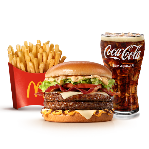 Dois hambúrgueres de carne 100% bovina, méquinese, a exclusiva maionese especial com sabor de carne defumada, alface e tomate, fatias de bacon, queijo processado sabor emental, molho especial e cebola ao molho shoyu, tudo isso no pão tipo brioche trazendo