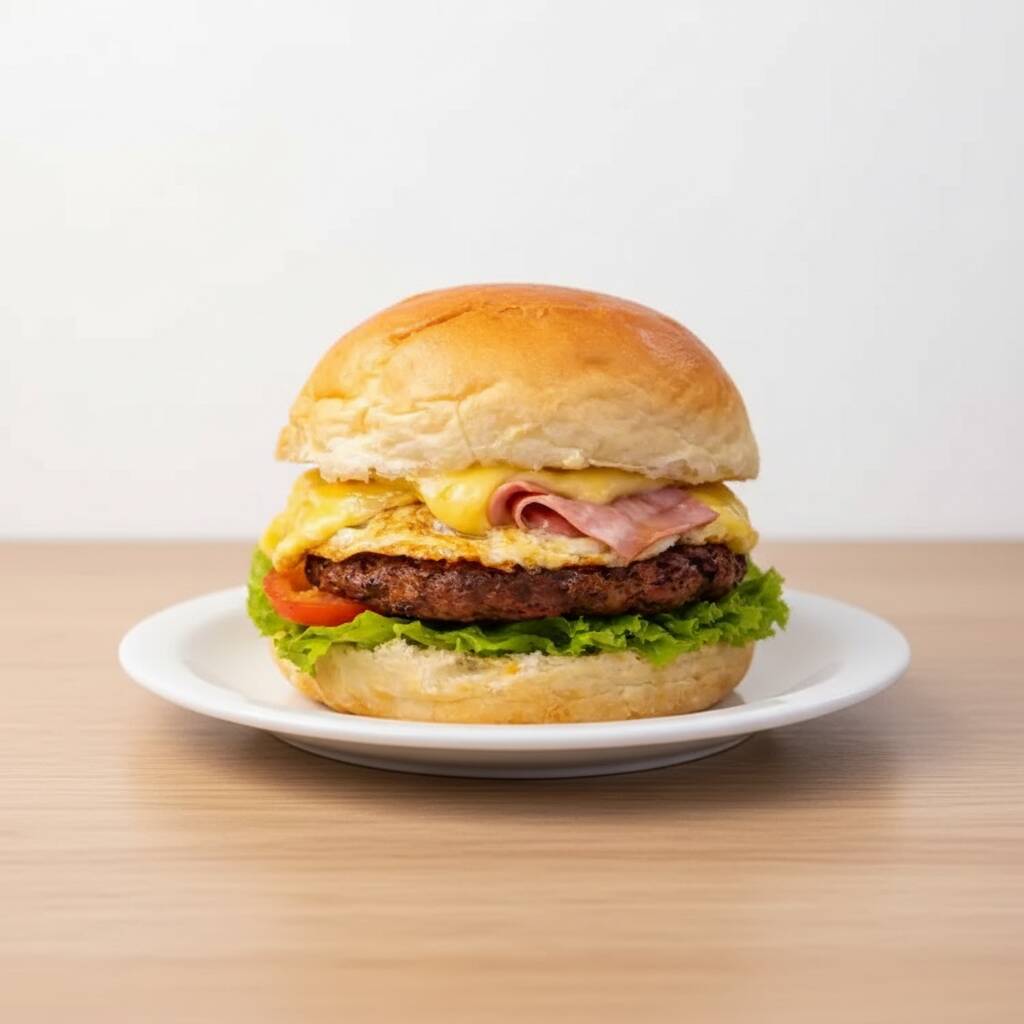 Pao d´agua, hamburguer, ovo, presunto, queijo mussarela, alface e tomate