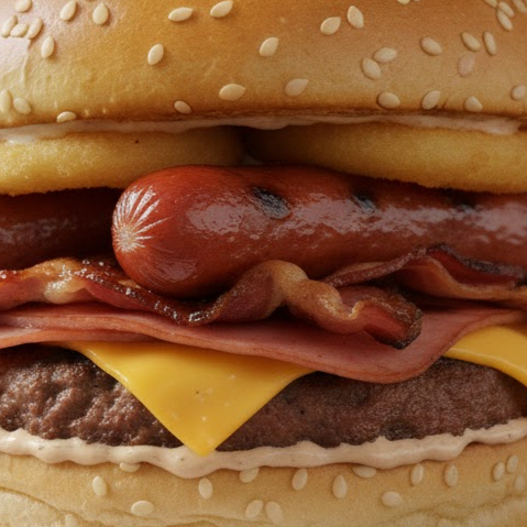 Pão amenteigado , 1 Blend 130 g de carne, Presunto ,1 fatia de Queijo cheddar ,1 Ovo , 1 fatia de Bacon , Calabresa ,1 Salsicha , Cebola Caramelizada e Molho