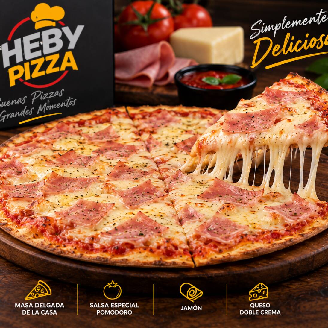 Pizza 4 Porciones Jamón y Queso