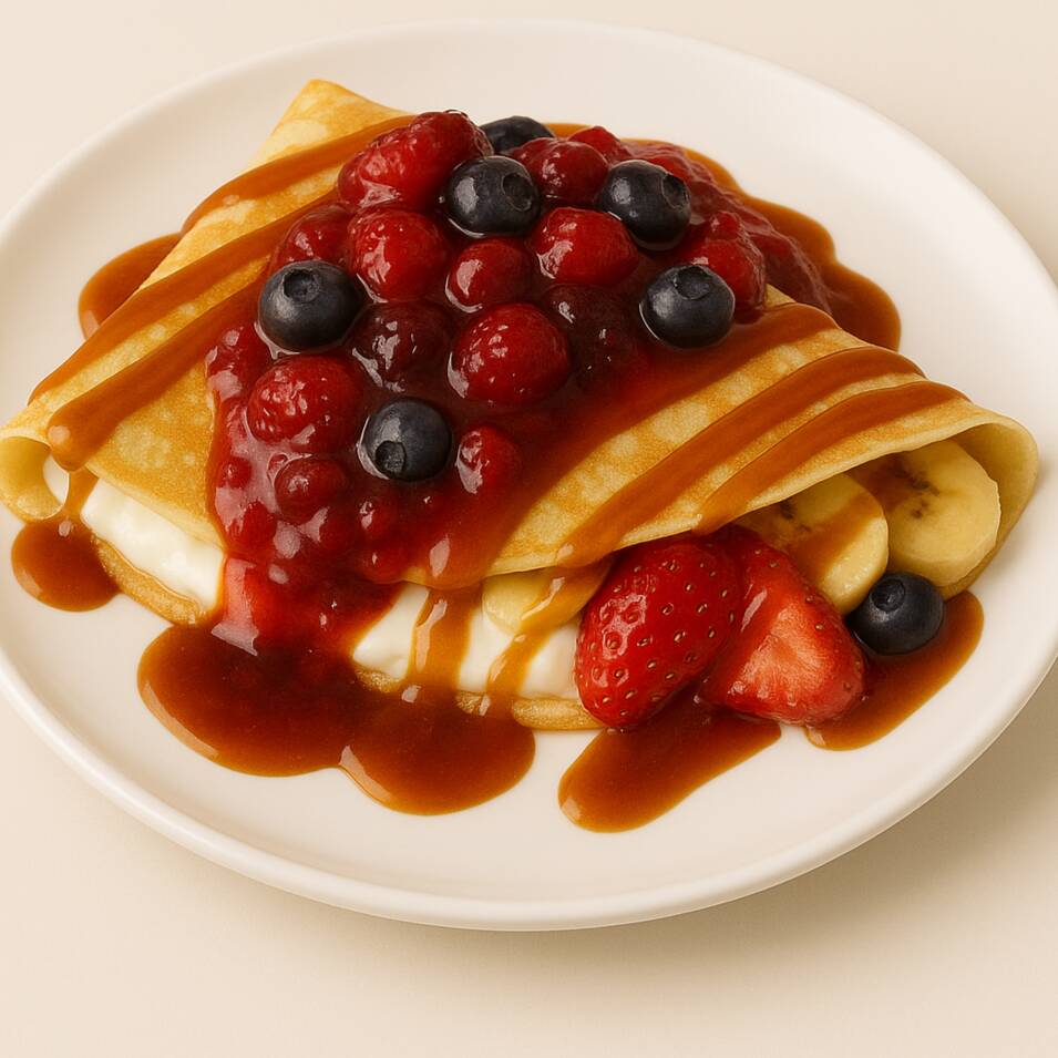 CREPA DE COMPOTA DE FRUTOS ROJO CON QUESO CREMA