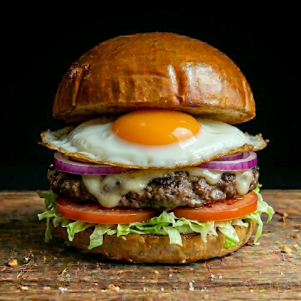 Pão de brioche, Hambúrguer 150g , mussarela, ovo, alface , tomate , cebola roxa e maionese