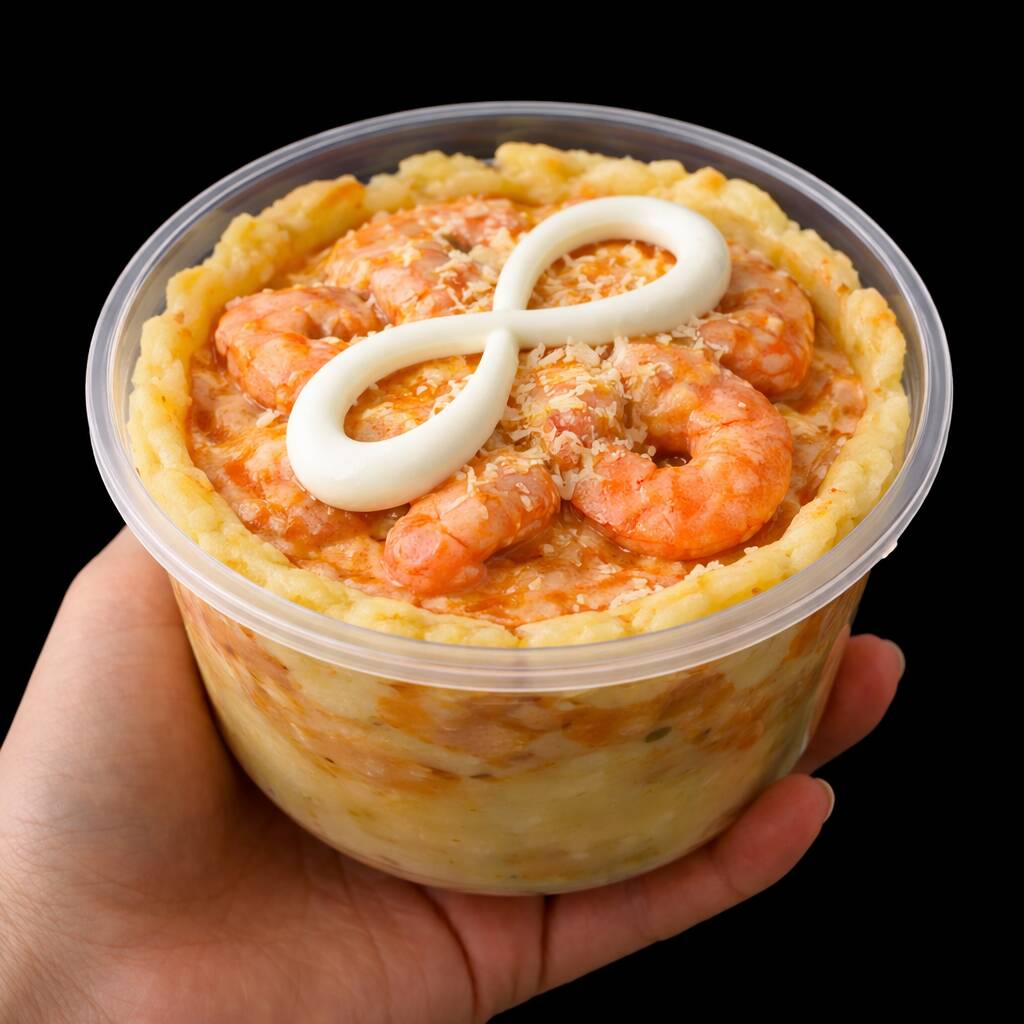 Batata recheada com camarão ao molho, finalizada com queijo leve e toque de cream cheese.