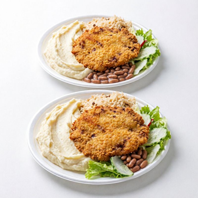 Dois deliciosos frangos parmegiana com purê , arroz , feijão e salada de alface .