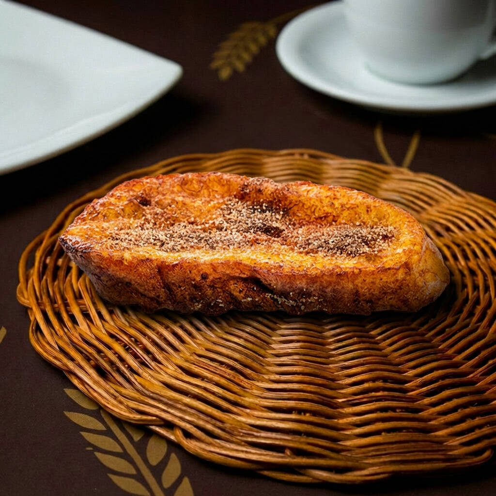 Rabanada com casquinha levemente crocante e dourada por fora, interior macio, úmido e amanteigado por dentro, finalizada com açúcar e canela que cobre tudo com aquele aroma irresistível.