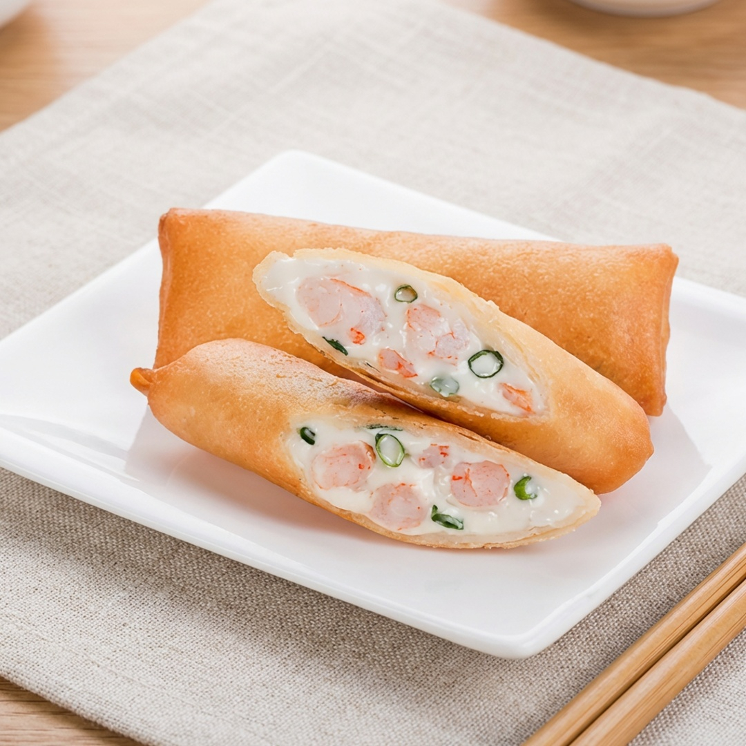 Massa fina, crocante recheada com requeijão cremoso e camarões e frita.