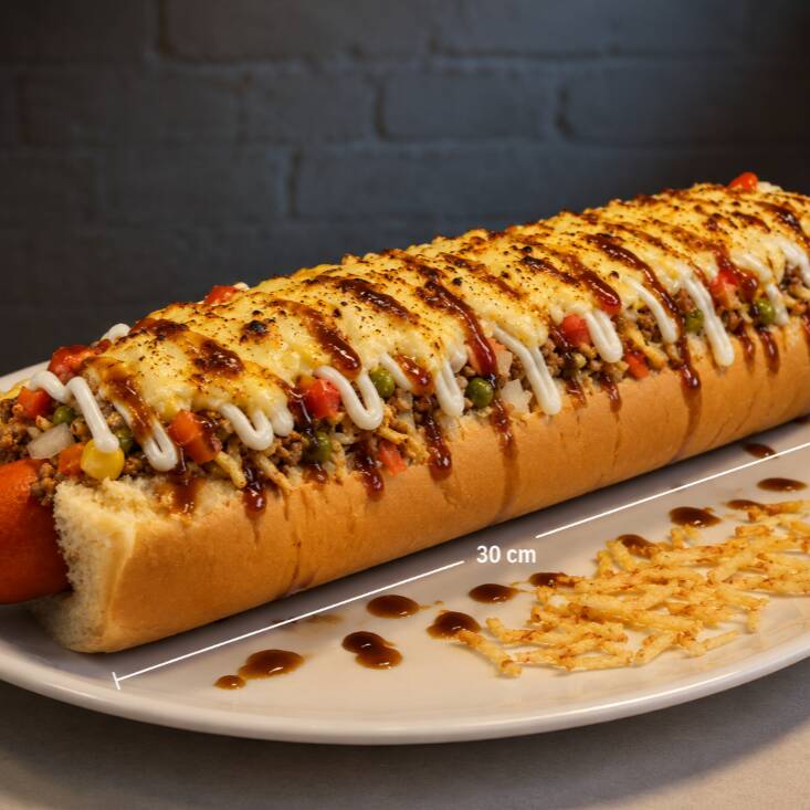 Pão, salsicha, carne moida, cheddar, Catupiry, cebola, tomate, milho, cenoura, ervilha, batata palha, pure, queijo mussarela maçaricado, barbecue, maionese (caseira)