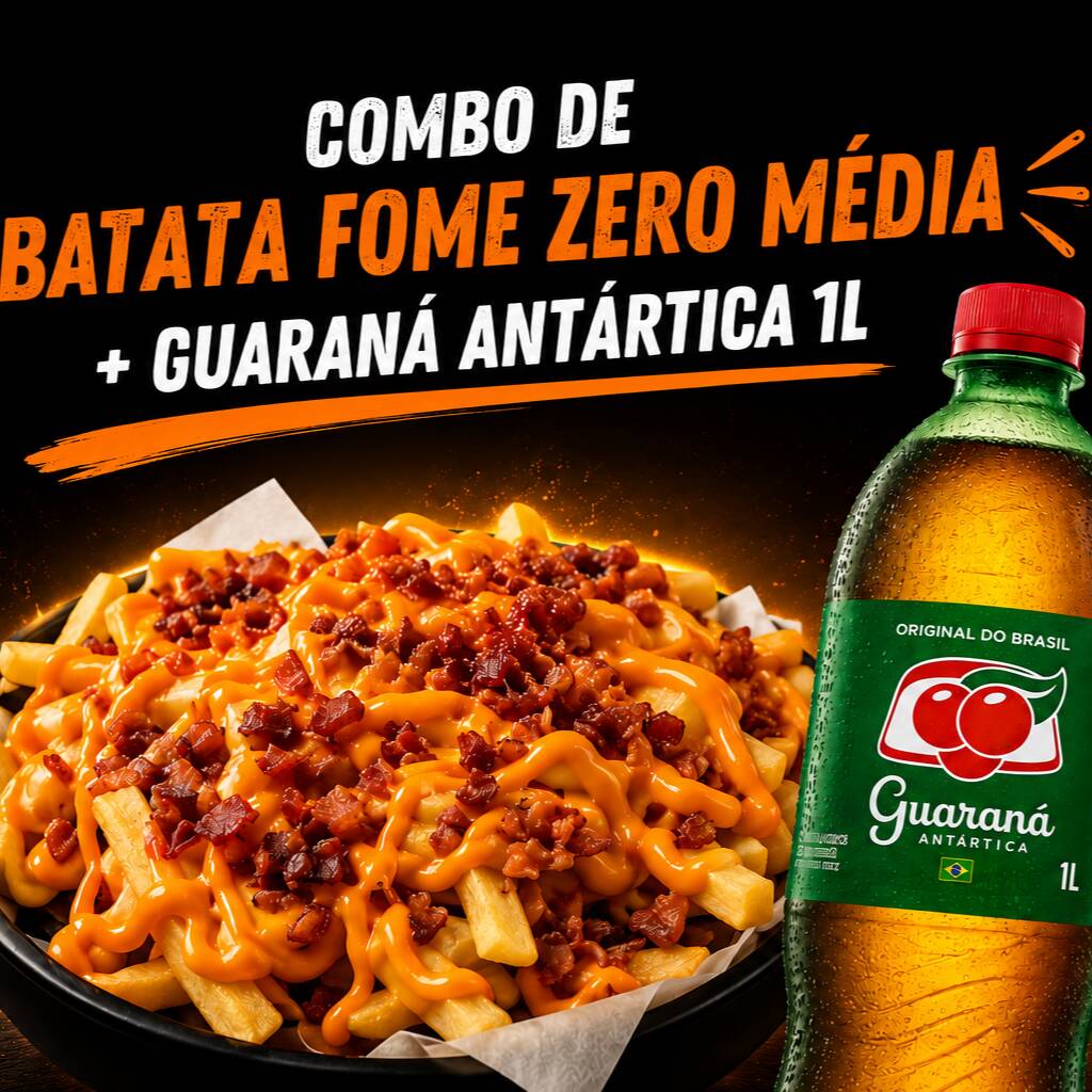 Batata com generosa camada de queijo cremoso e bacon no meio, e coberta com queijo cremoso e bacon crocante como de costume+Guaraná Antartica 1lt. (Batata "M" serve até 2 pessoas)