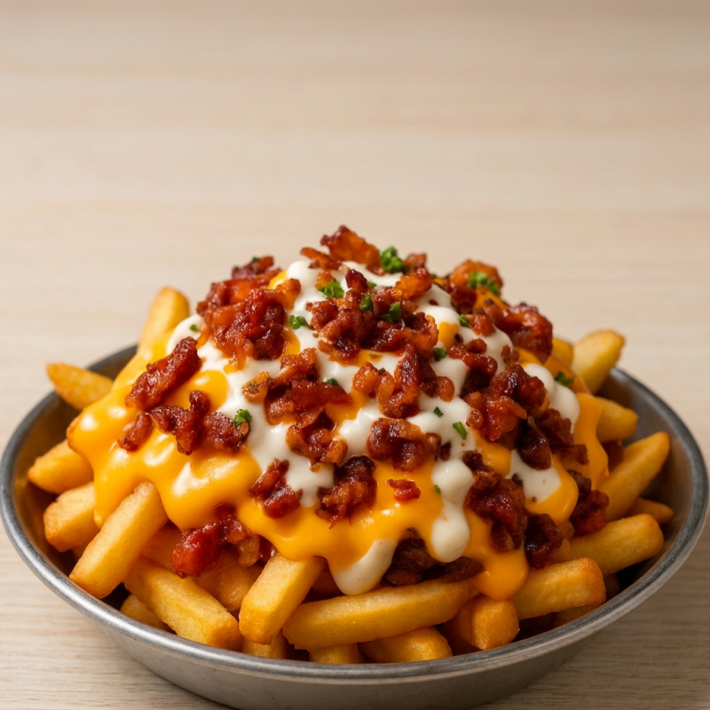 400g batata frita, com cheddar cremoso, bacon, mussarela. todos os itens são pesados in natura! Foto Ilustrativa!