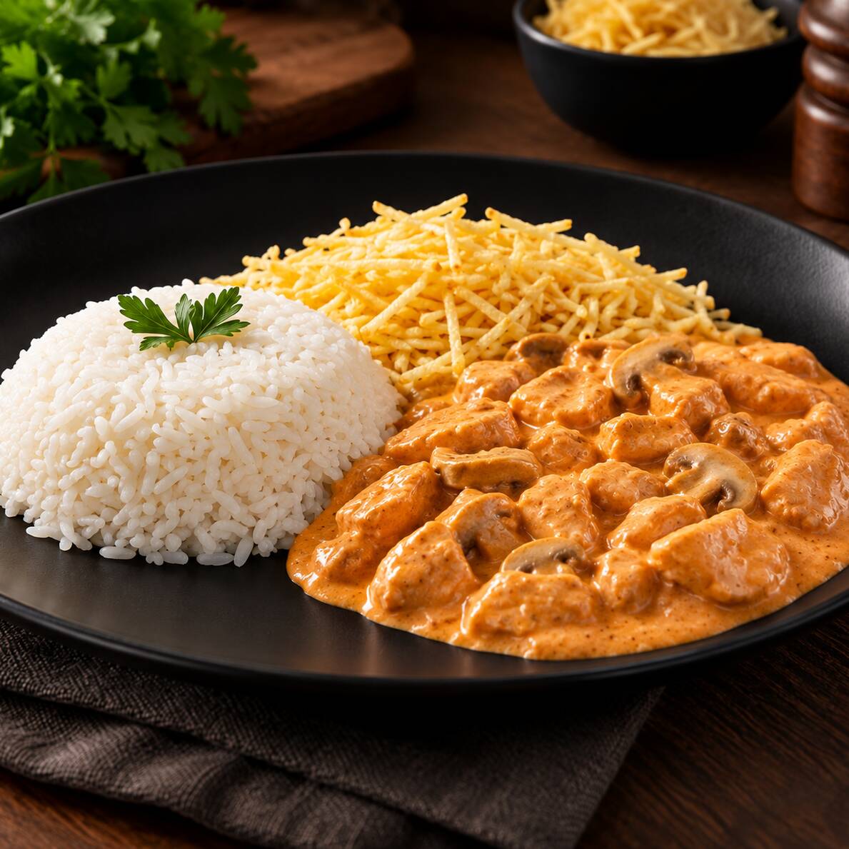 Strogonoff de Frango é preparado com um corte de macio do peito flambados no Brandy, cozidos em nosso molho especial artesanal, creme de leite e um toque de especiarias. Acompanha batata palha.