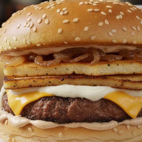 Pão amenteigado, 1 Blend 130 g de carne, 1 fatia de queijo cheddar 1 fatia de Queijo Coalho , Queijo Catupiry ,Cebola Caramelizada e Molho