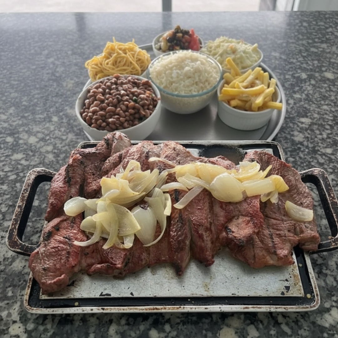 FEIJAO ARROZ MACARRAO FAROFA VINAGRETE E FRITAS