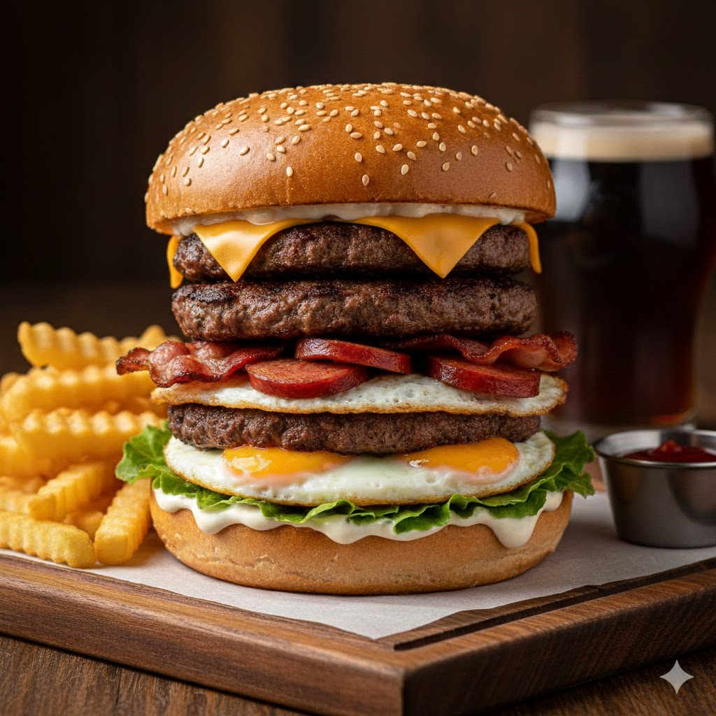 3 Carnes, 3 Queijos, 2 Ovos, Calabresa, Bacon, Alface e Maionese da casa.