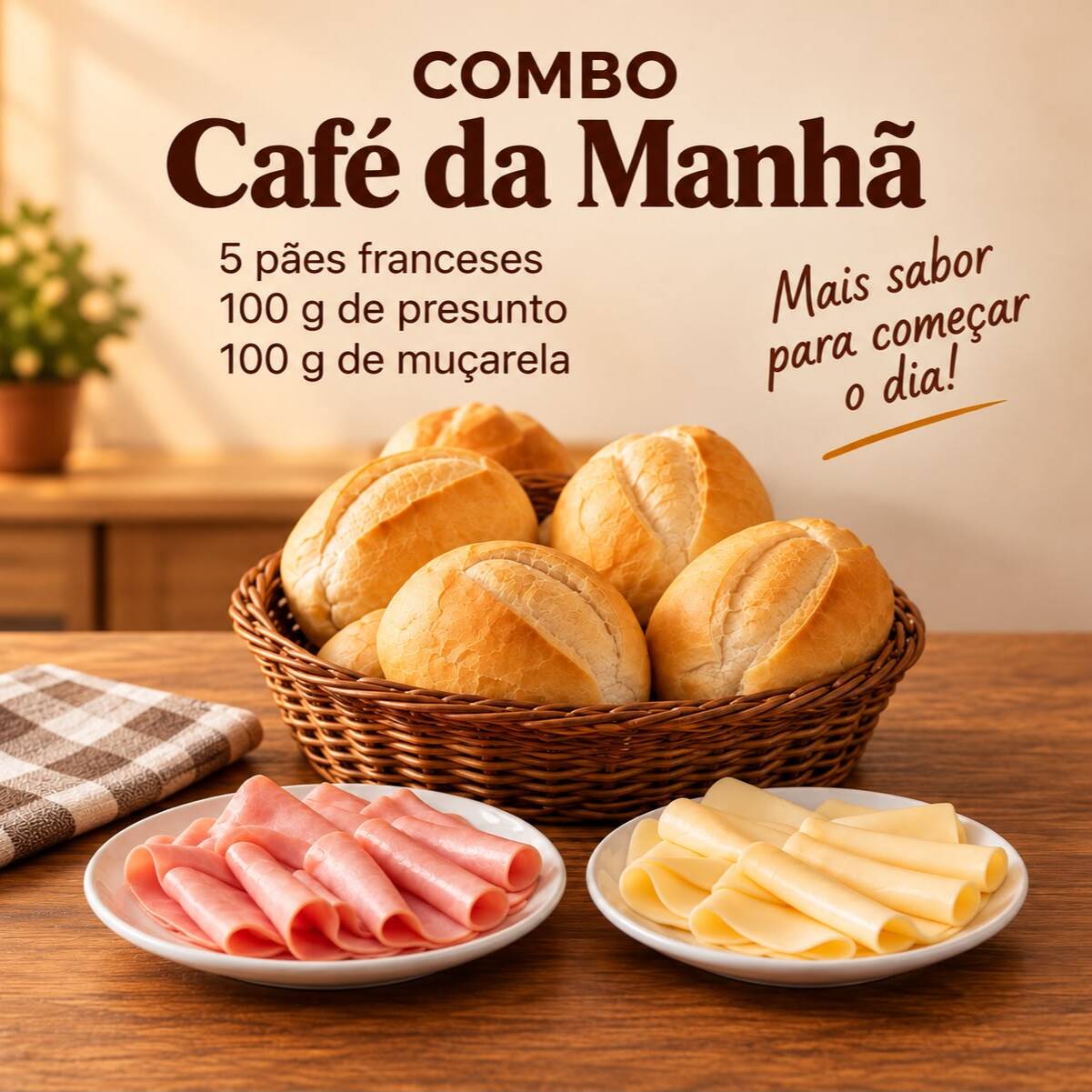 5 pães fresquinhos + 100 g de presunto + 100 g de muçarela.