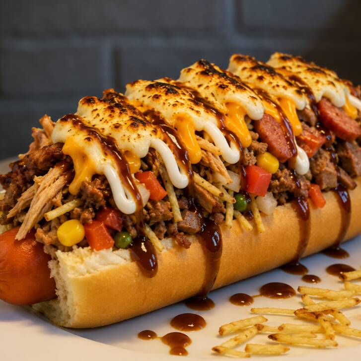 Pão, salsicha, frango, carne de sol, carne moida, calabresa, cheddar,Catupiry, cebola, tomate, milho, cenoura, ervilha, batata palha, pure, queijo maçaricado, barbecue, maionese (caseira)