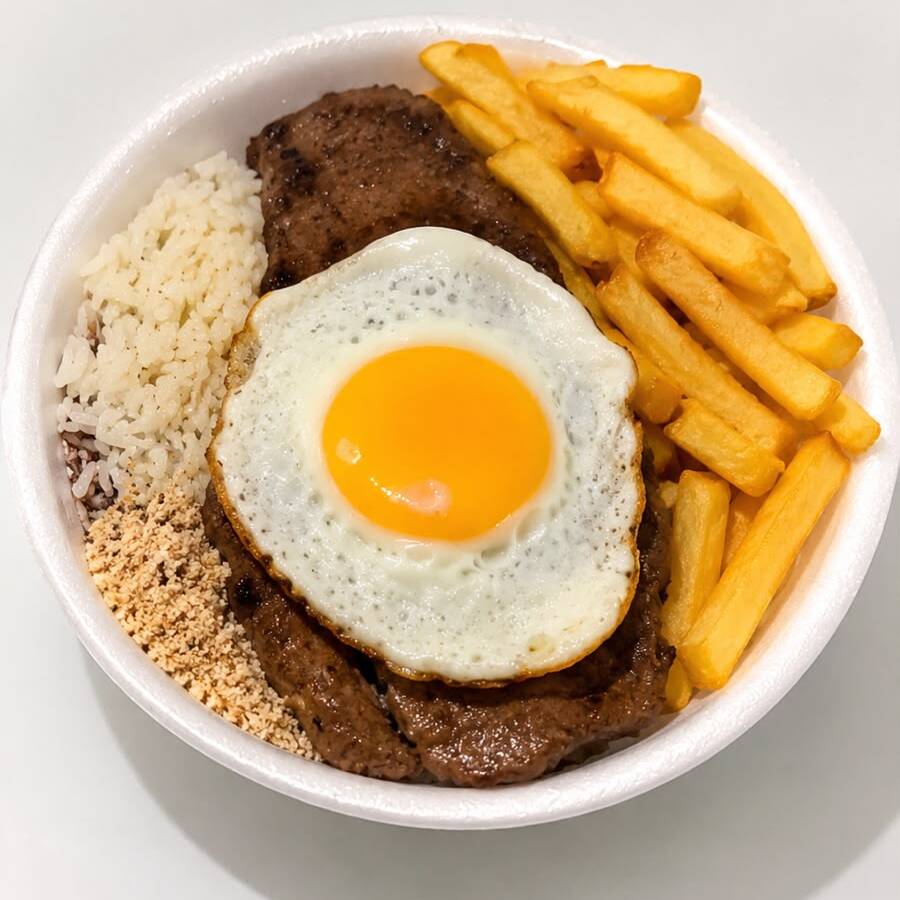 Bifé de Contra Filé a Cavalo, Arroz, Feijão e Farofa.
