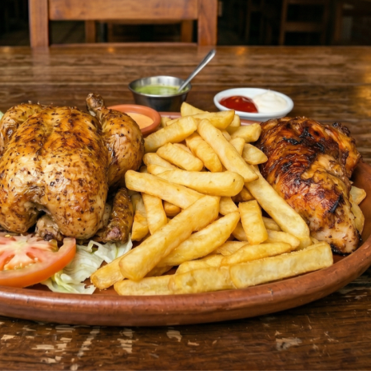 1 pollo con papas + 1/4 pierna con papas
